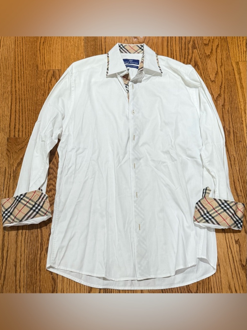 Men's White Dress Shirt with Plaid Trim - Classic Casual